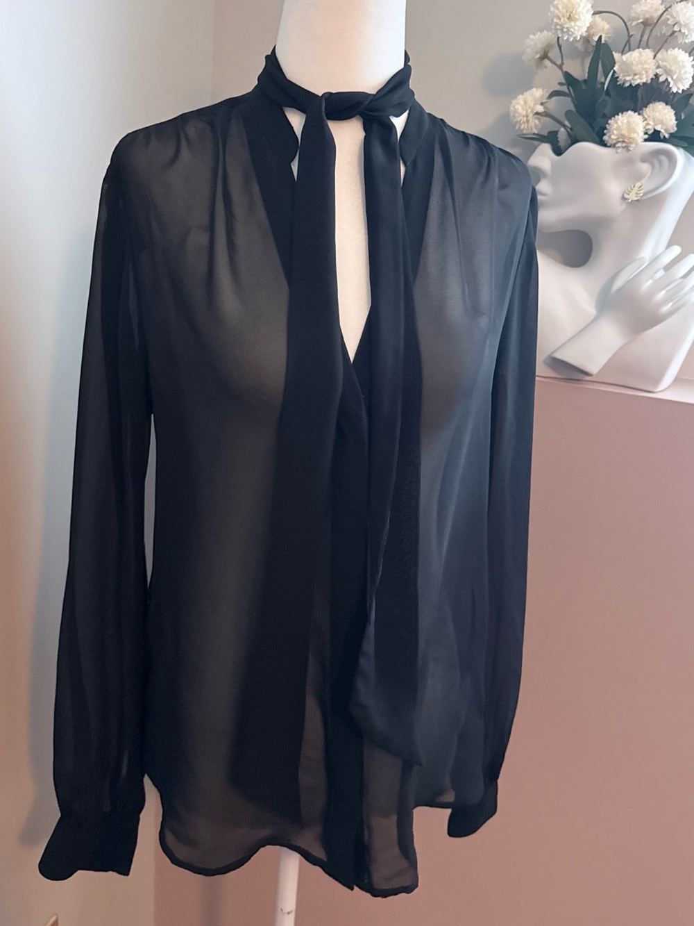 Express Women’s Small Black Tie-Neck Sheer Blouse